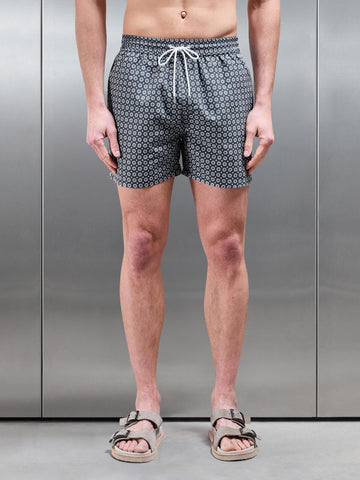 Mosaic Print Drawstring Swim Short in Grey
