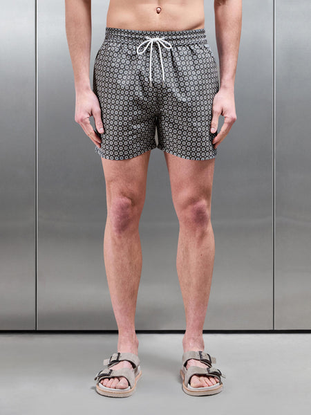 Mosaic Print Drawstring Swim Short in Grey