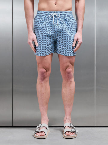 Mosaic Print Drawstring Swim Short in Light Blue