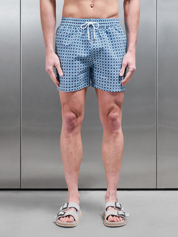 Mosaic Print Drawstring Swim Short in Light Blue