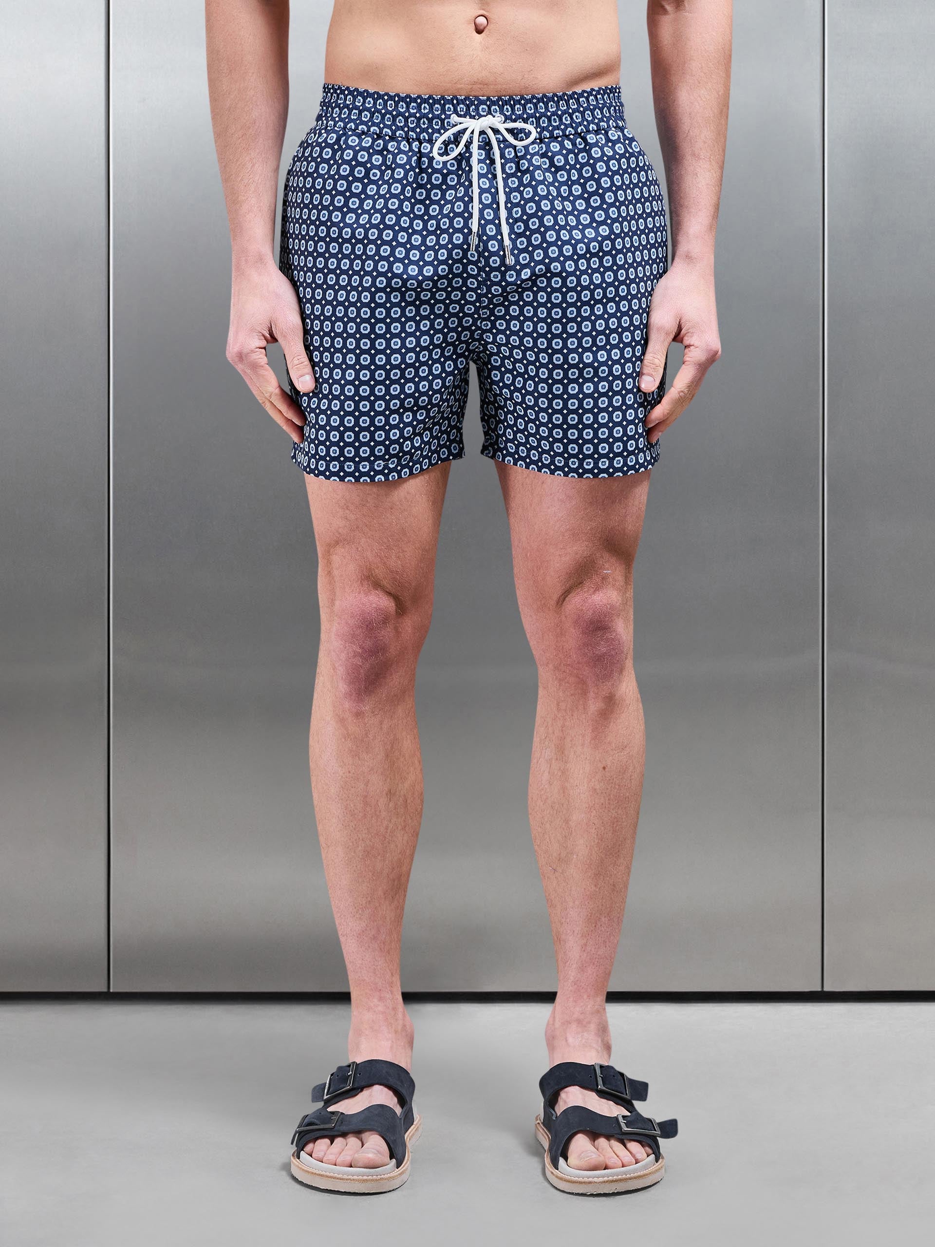 Mosaic Print Drawstring Swim Short in Navy
