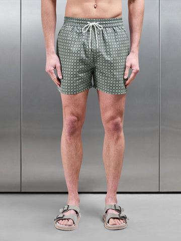Mosaic Print Drawstring Swim Short in Sage