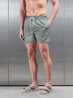 Mosaic Print Drawstring Swim Short in Sage