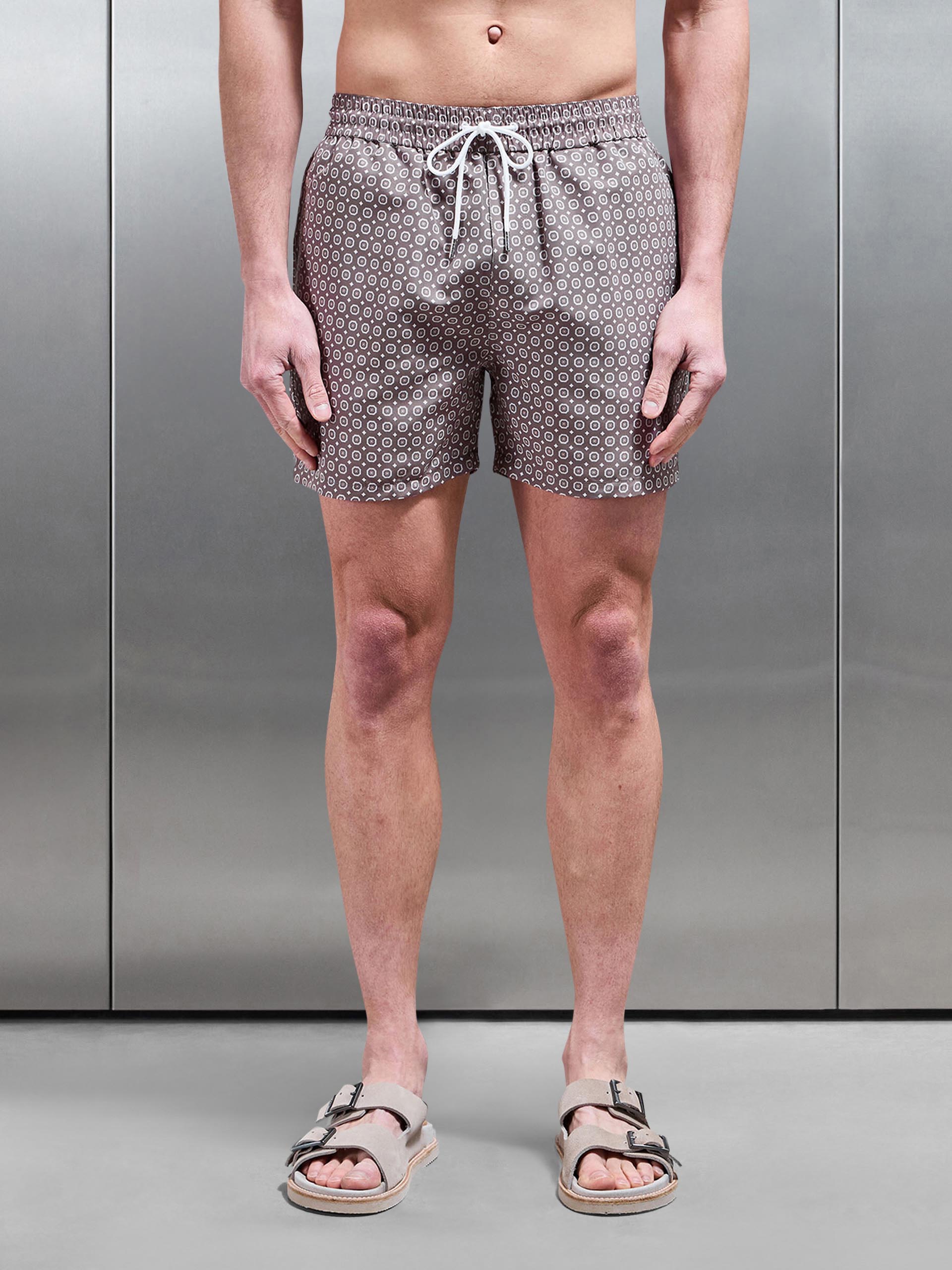 Mosaic Print Drawstring Swim Short in Taupe