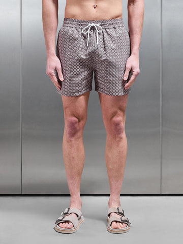 Mosaic Print Drawstring Swim Short in Taupe