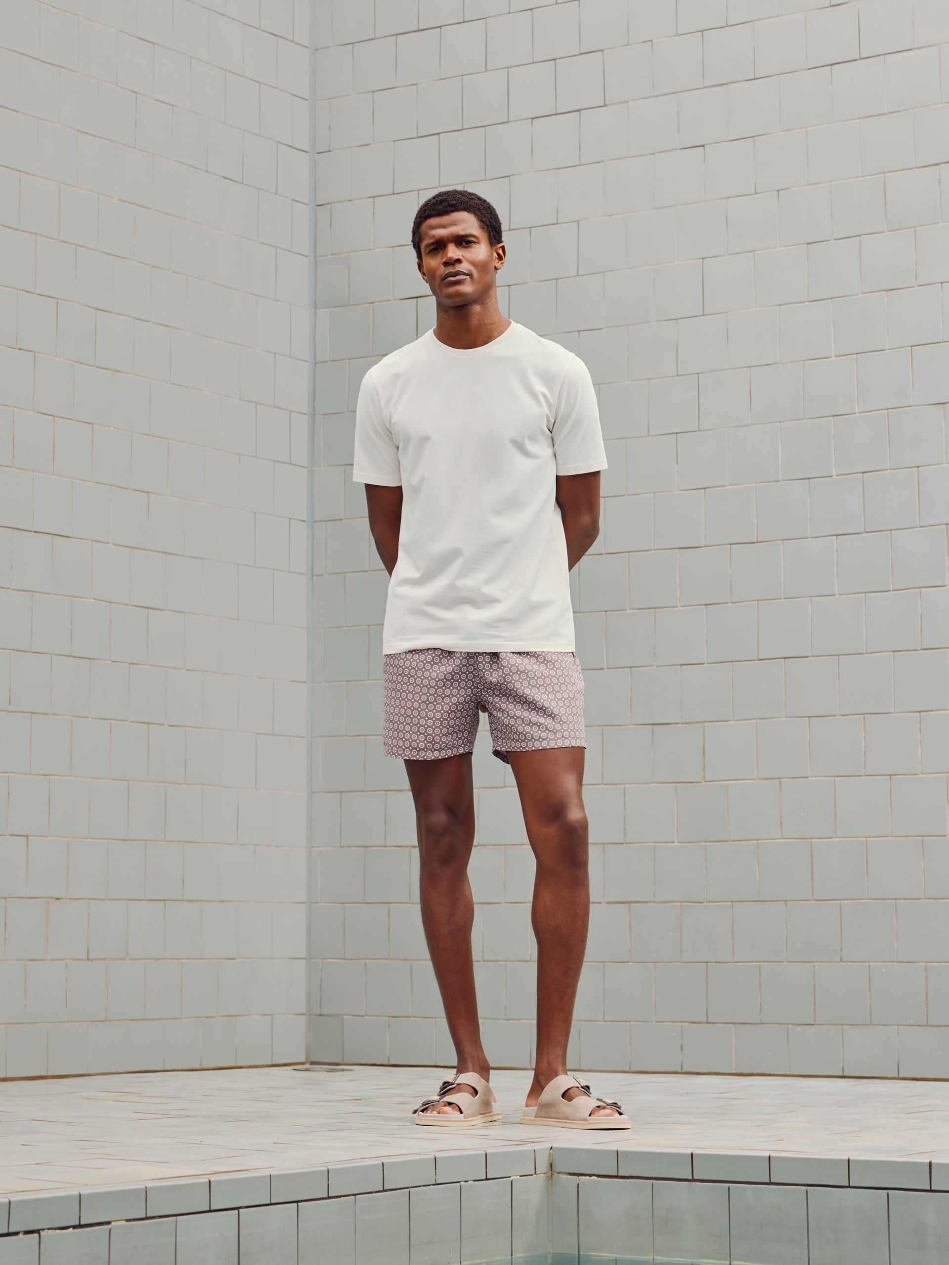 Mosaic Print Drawstring Swim Short in Taupe