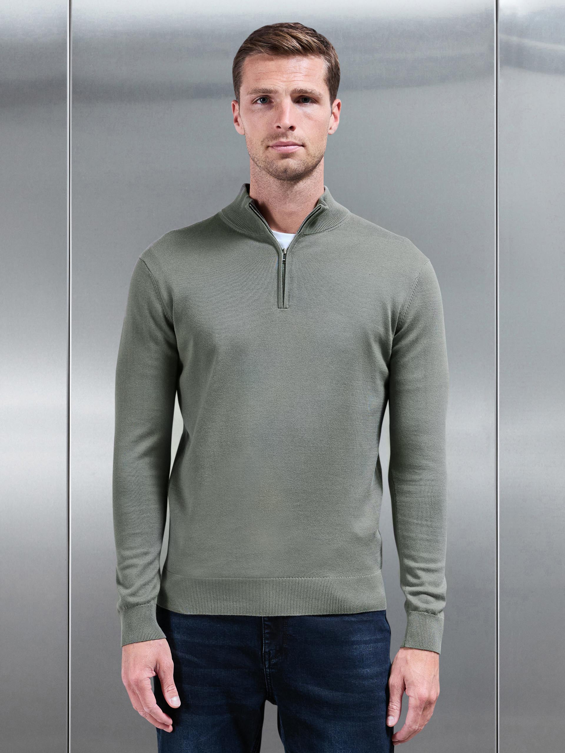 Cotton Knitted Half Zip Funnel Neck Jumper in Sage | ARNE US