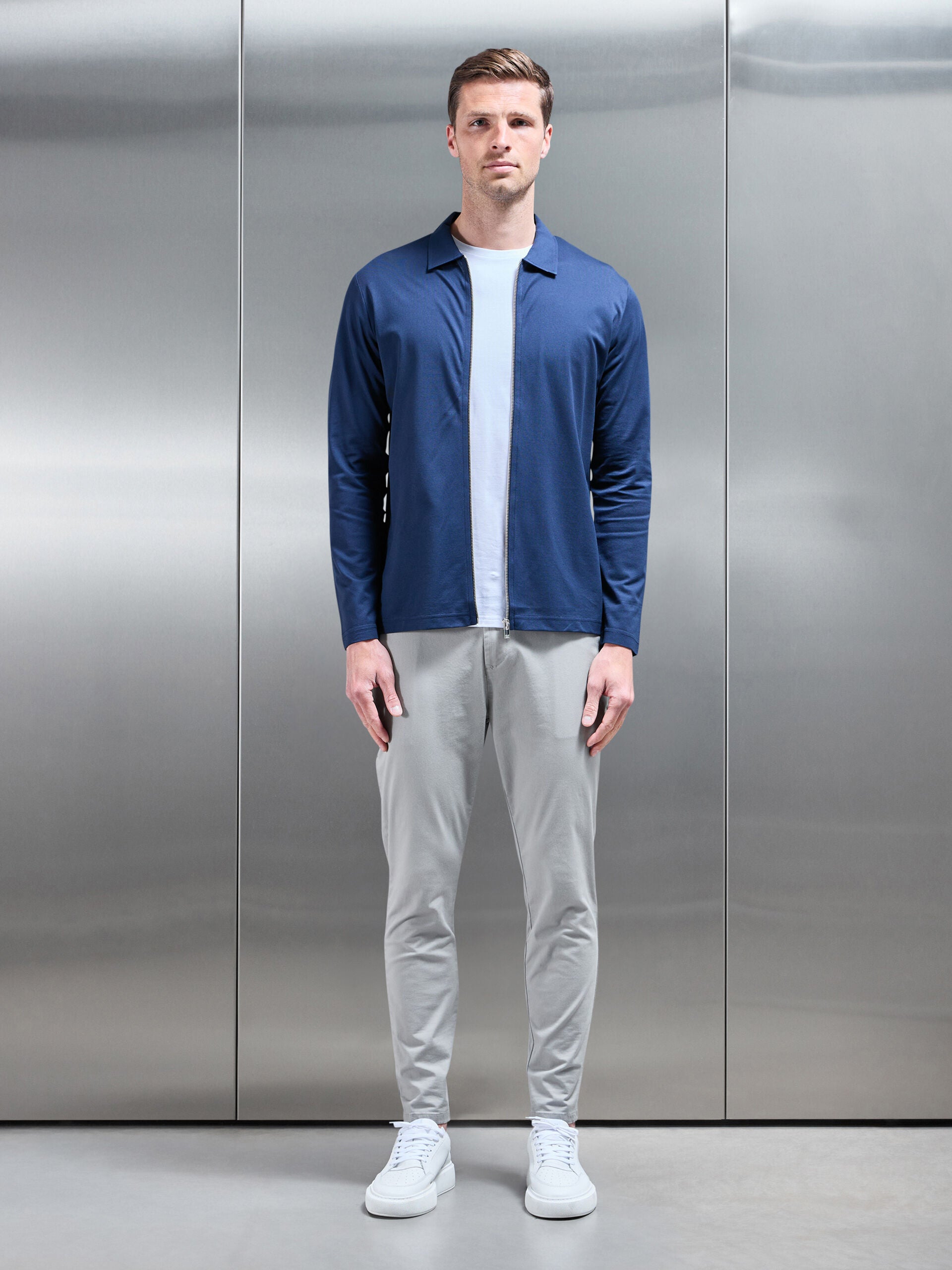 Mercerised Pique Zip Through Jacket in Navy