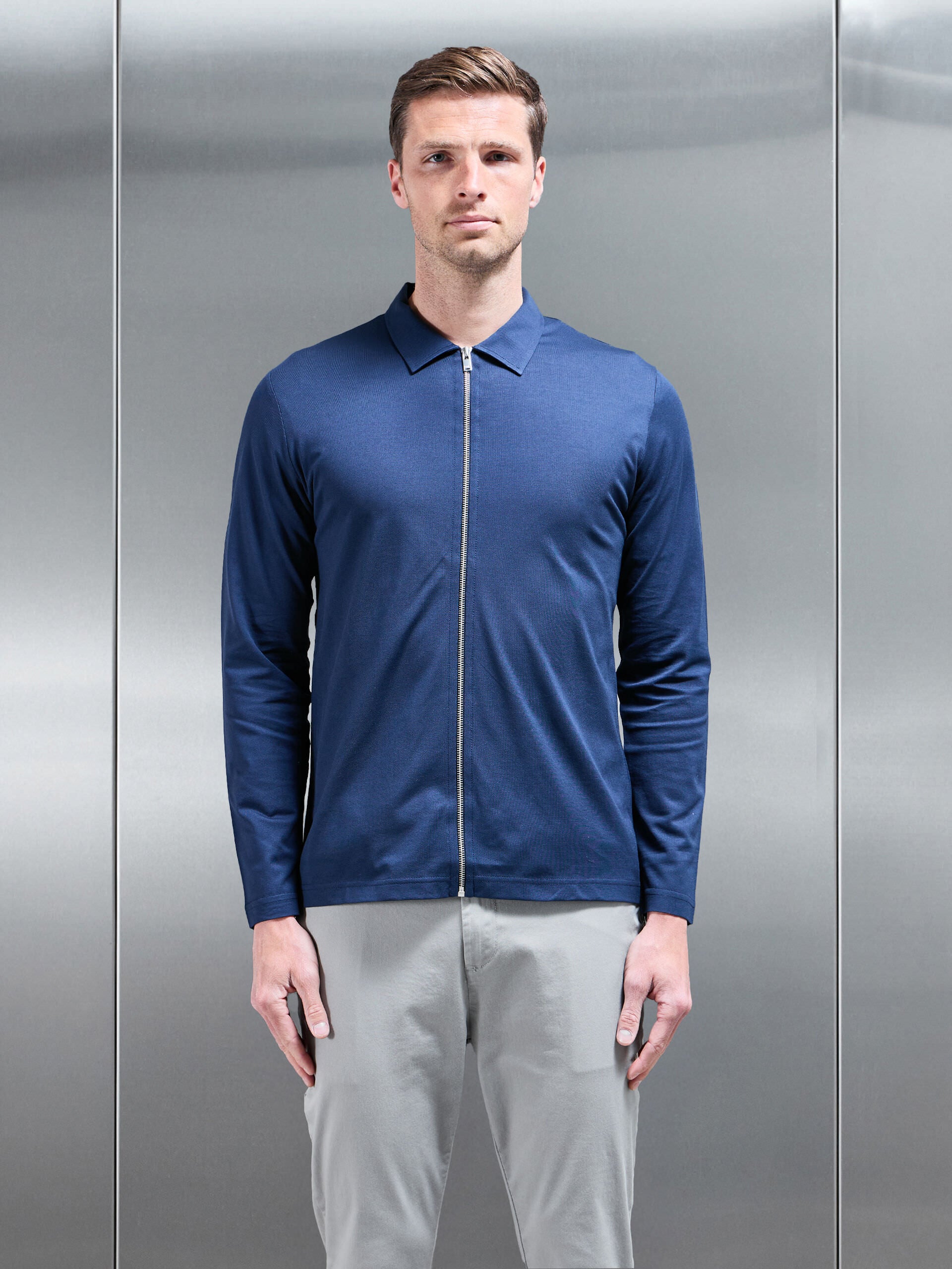 Mercerised Pique Zip Through Jacket in Navy