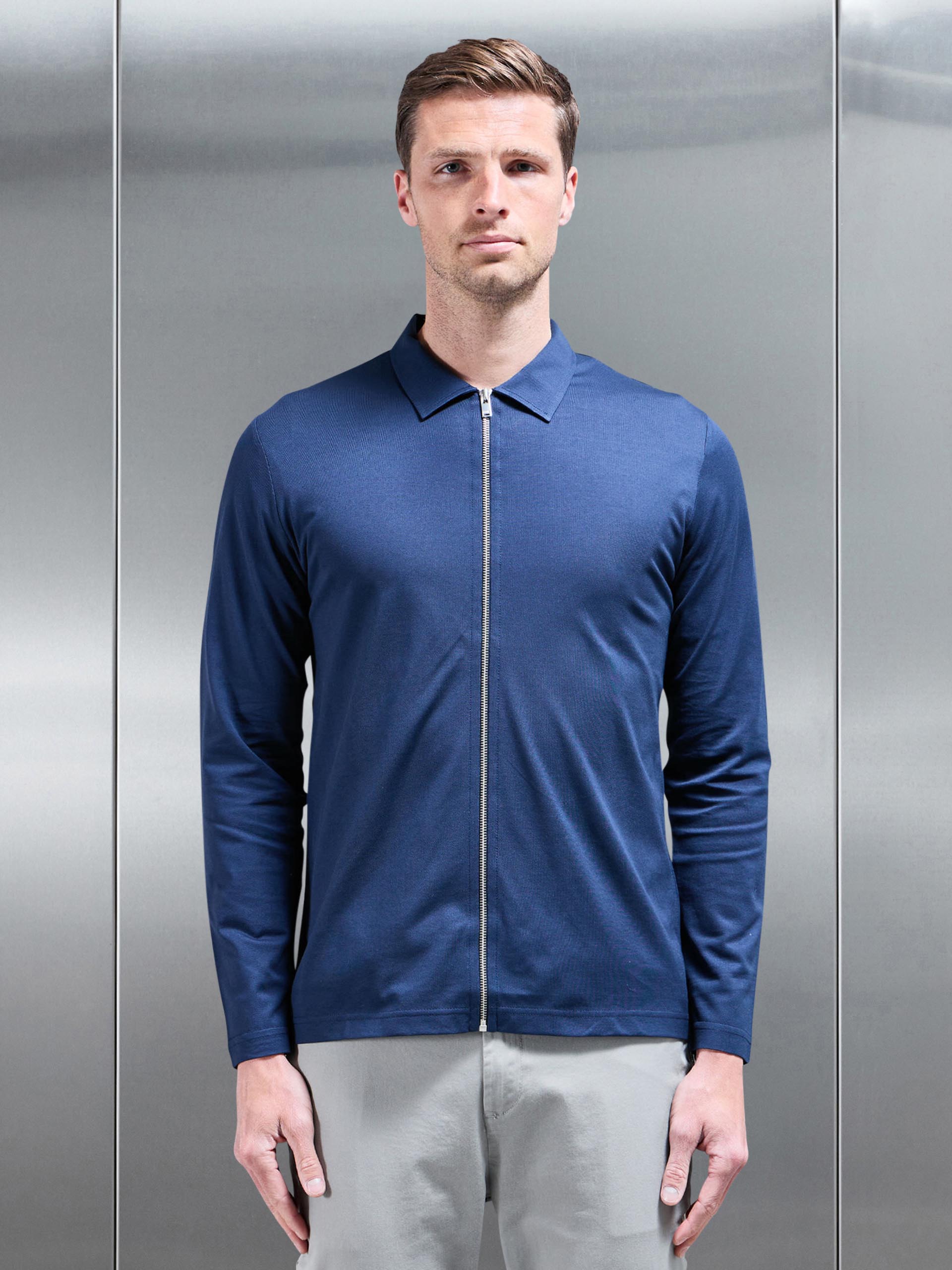 Mercerised Pique Zip Through Jacket in Navy