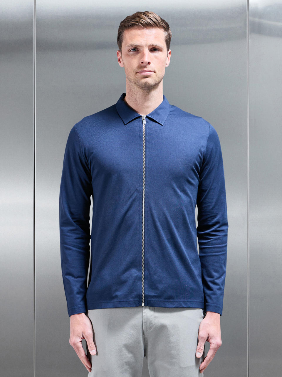Mercerised Pique Zip Through Jacket in Navy