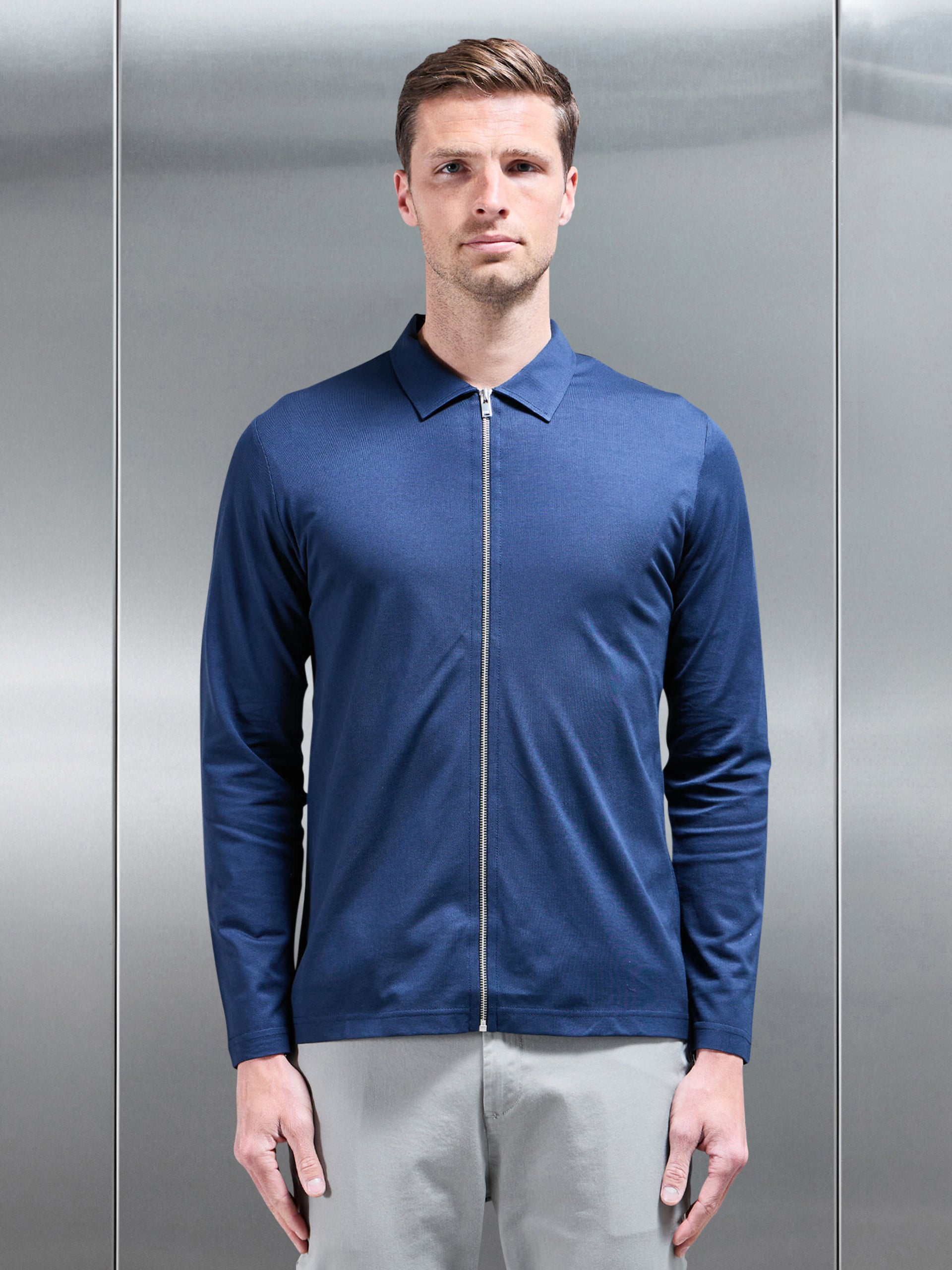 Mercerised Pique Zip Through Jacket in Navy
