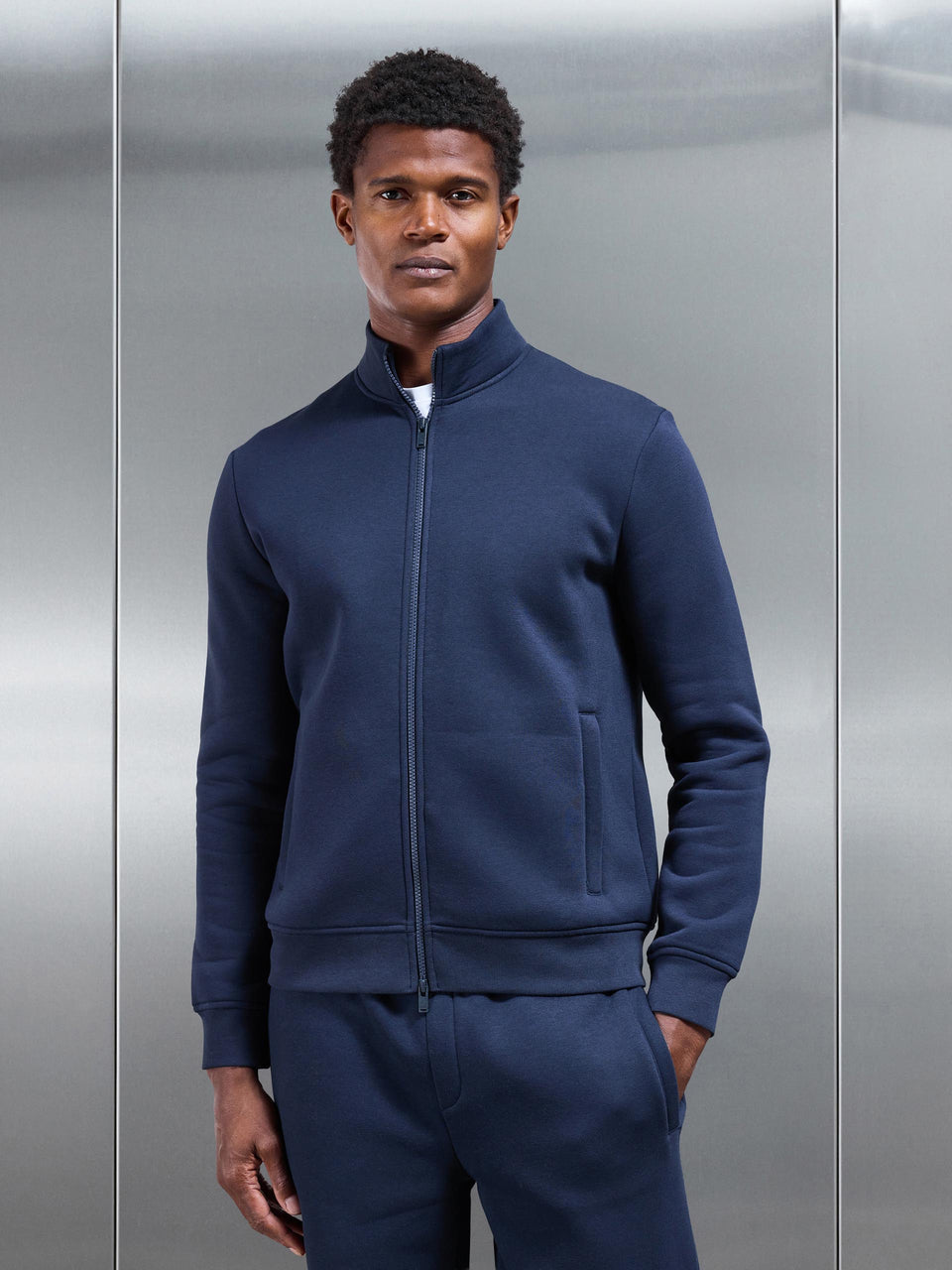 Neoprene Funnel Neck Jacket in Navy