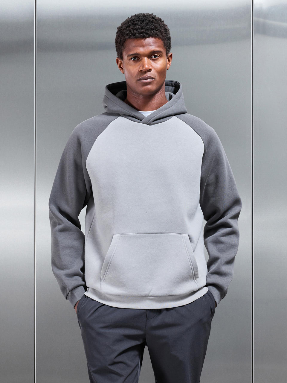 Neoprene Raglan Colour Block Hoodie in Grey Mid Grey
