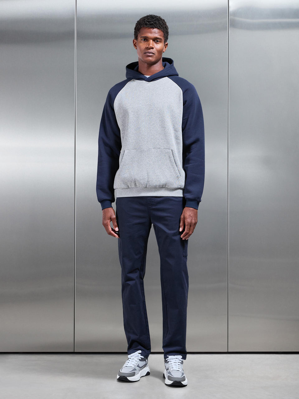 Neoprene Raglan Colour Block Hoodie in Navy Marl Grey