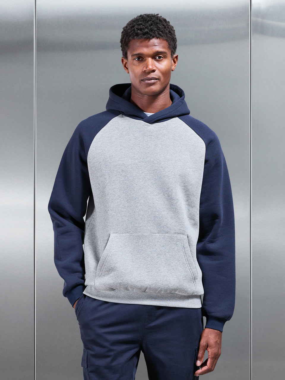 Neoprene Raglan Colour Block Hoodie in Navy Marl Grey