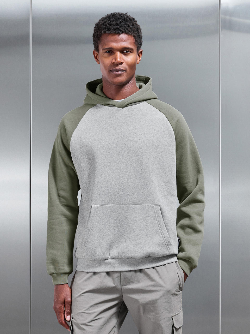 Neoprene Raglan Colour Block Hoodie in Olive Marl Grey