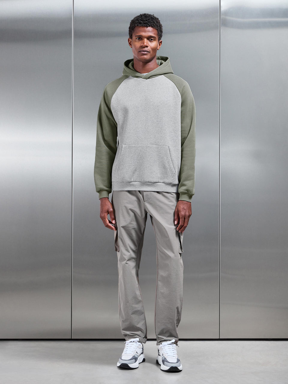 Neoprene Raglan Colour Block Hoodie in Olive Marl Grey