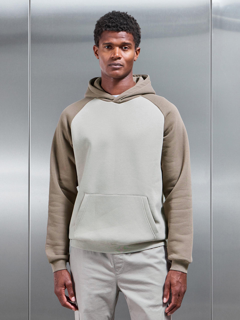 Neoprene Raglan Colour Block Hoodie in Taupe Stone