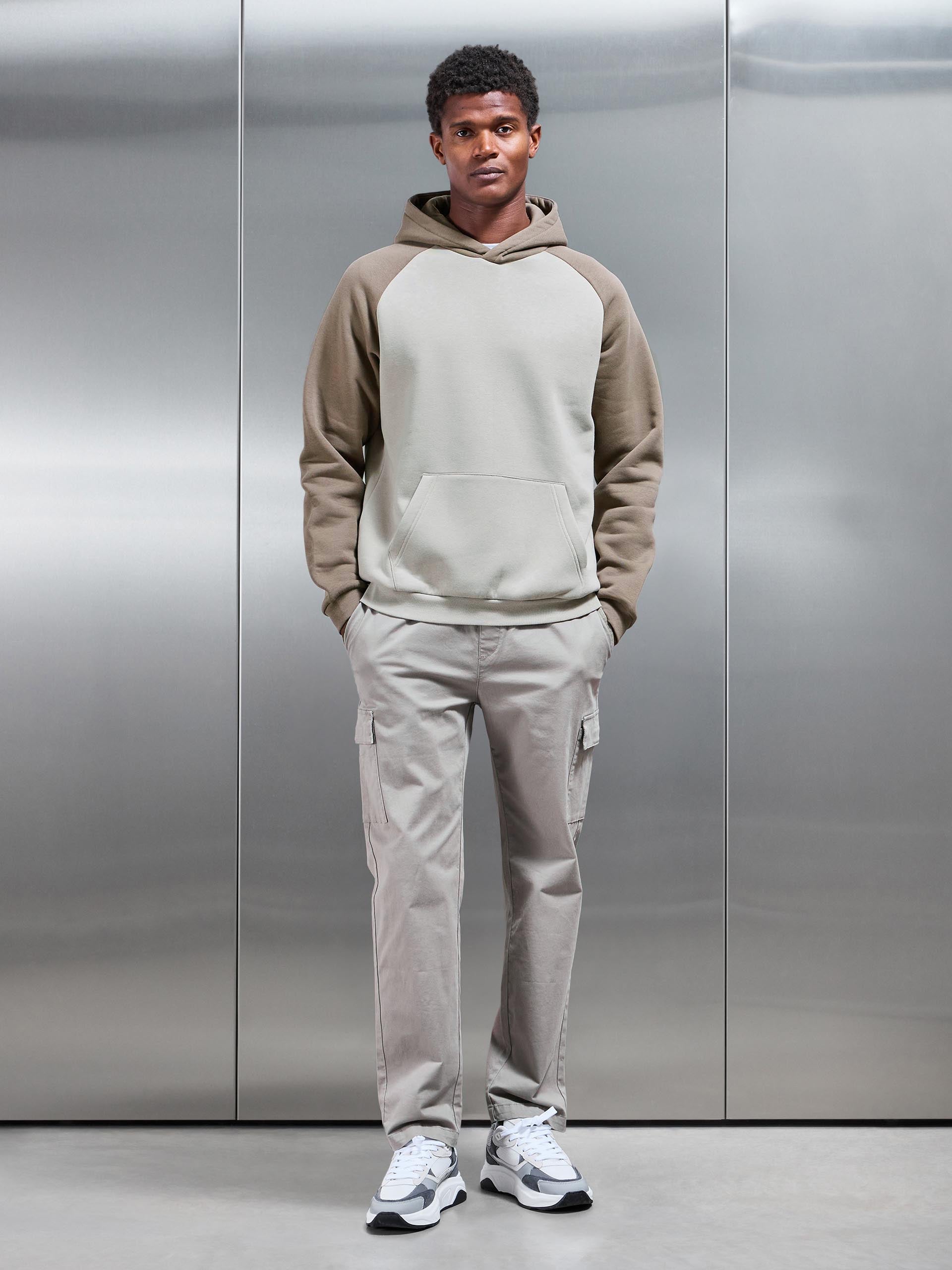Neoprene Raglan Colour Block Hoodie in Taupe Stone