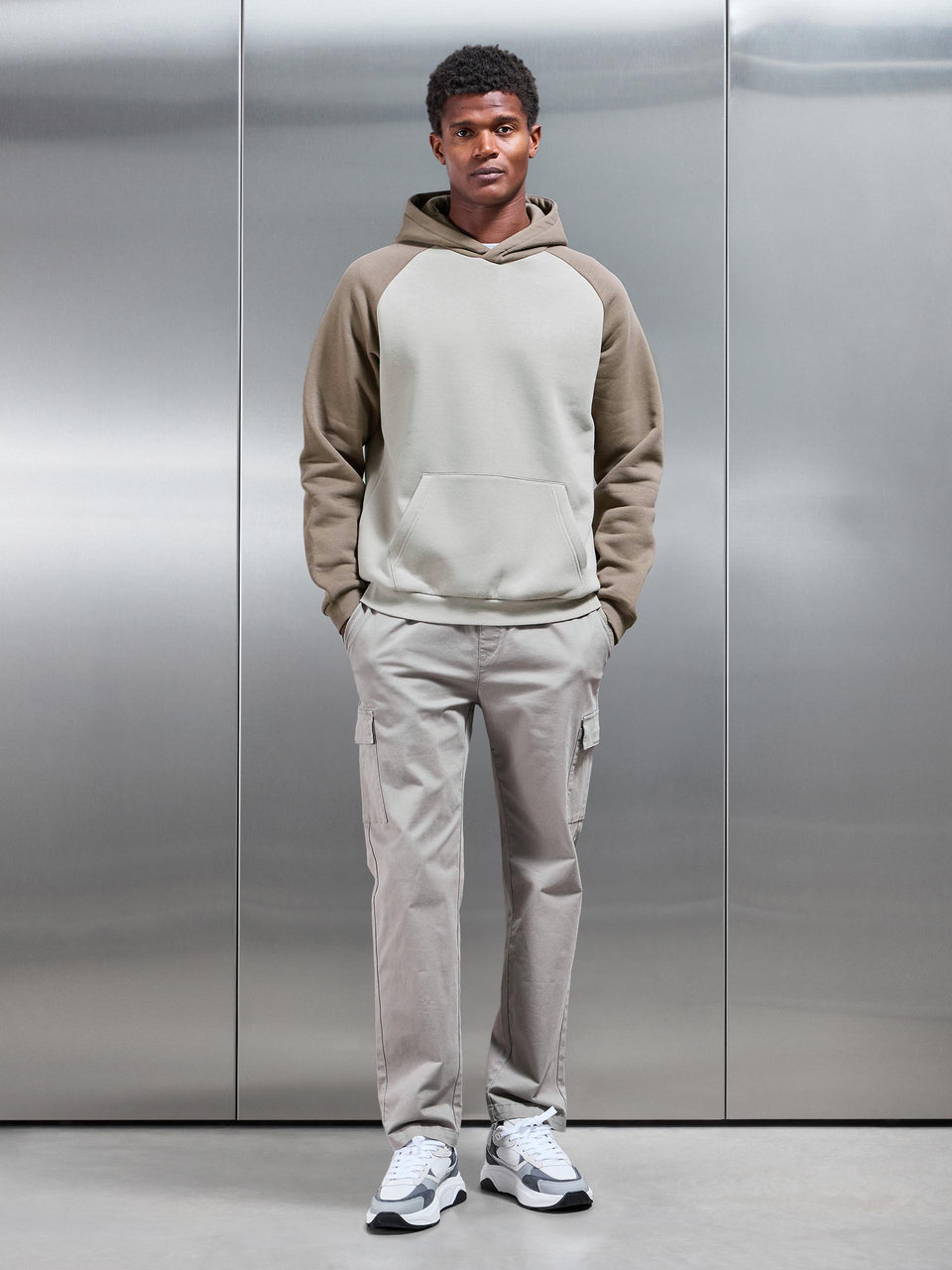 Neoprene Raglan Colour Block Hoodie in Taupe Stone