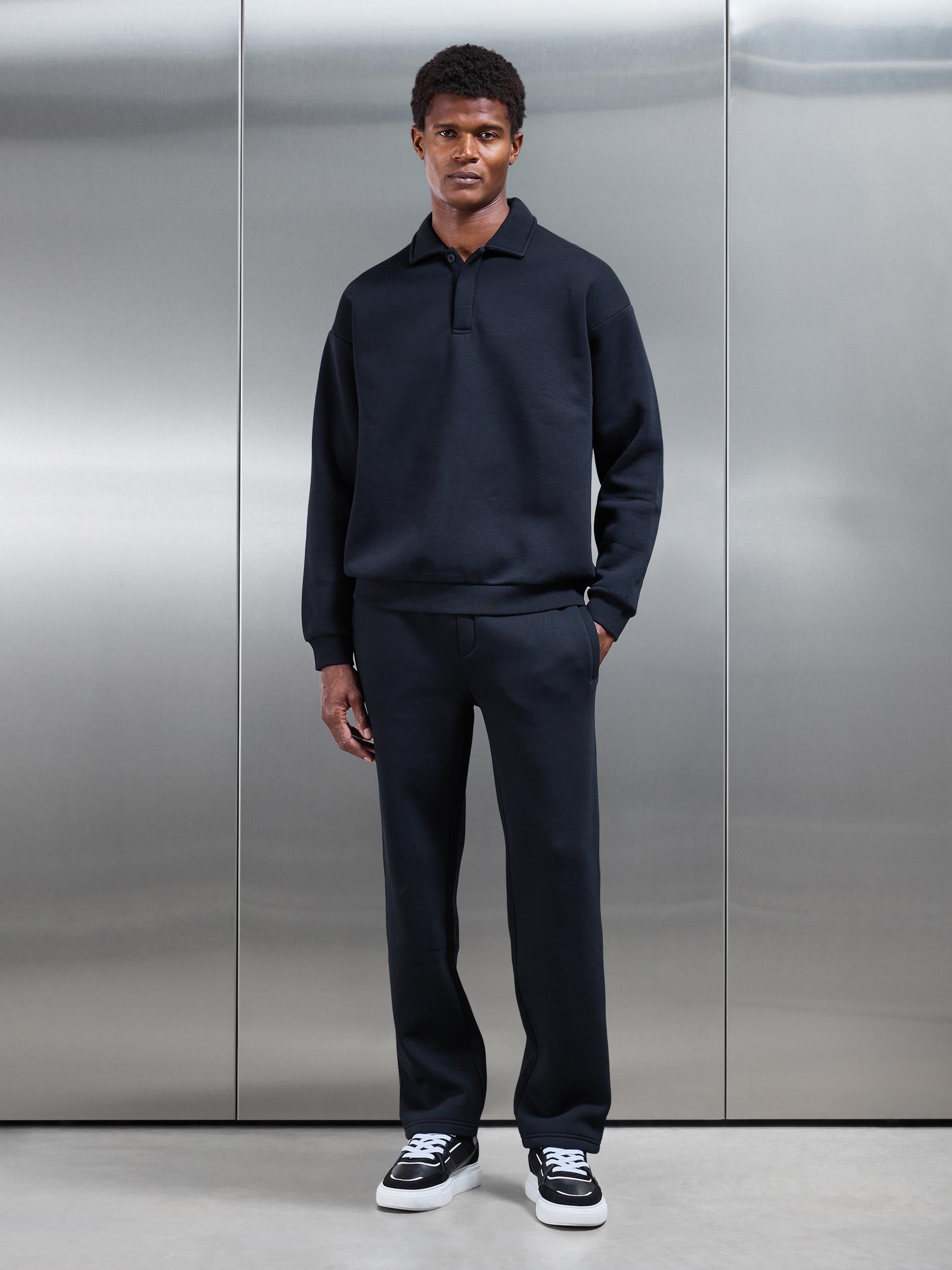Neoprene Relaxed Fit Button Polo Shirt in Black