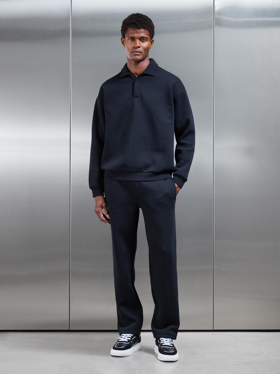 Neoprene Relaxed Fit Button Polo Shirt in Black