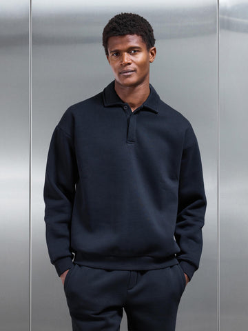 Neoprene Relaxed Fit Button Polo Shirt in Black
