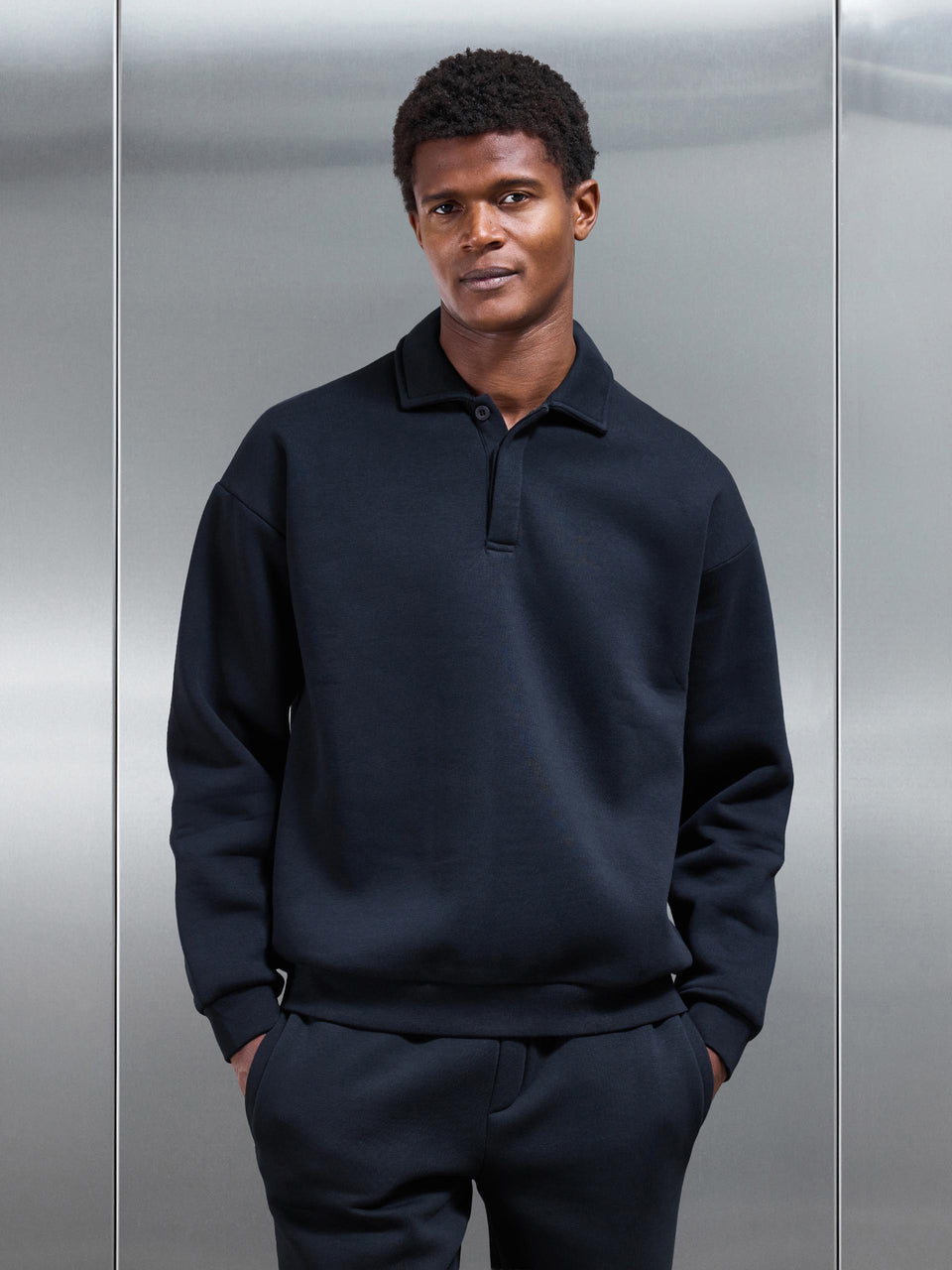 Neoprene Relaxed Fit Button Polo Shirt in Black