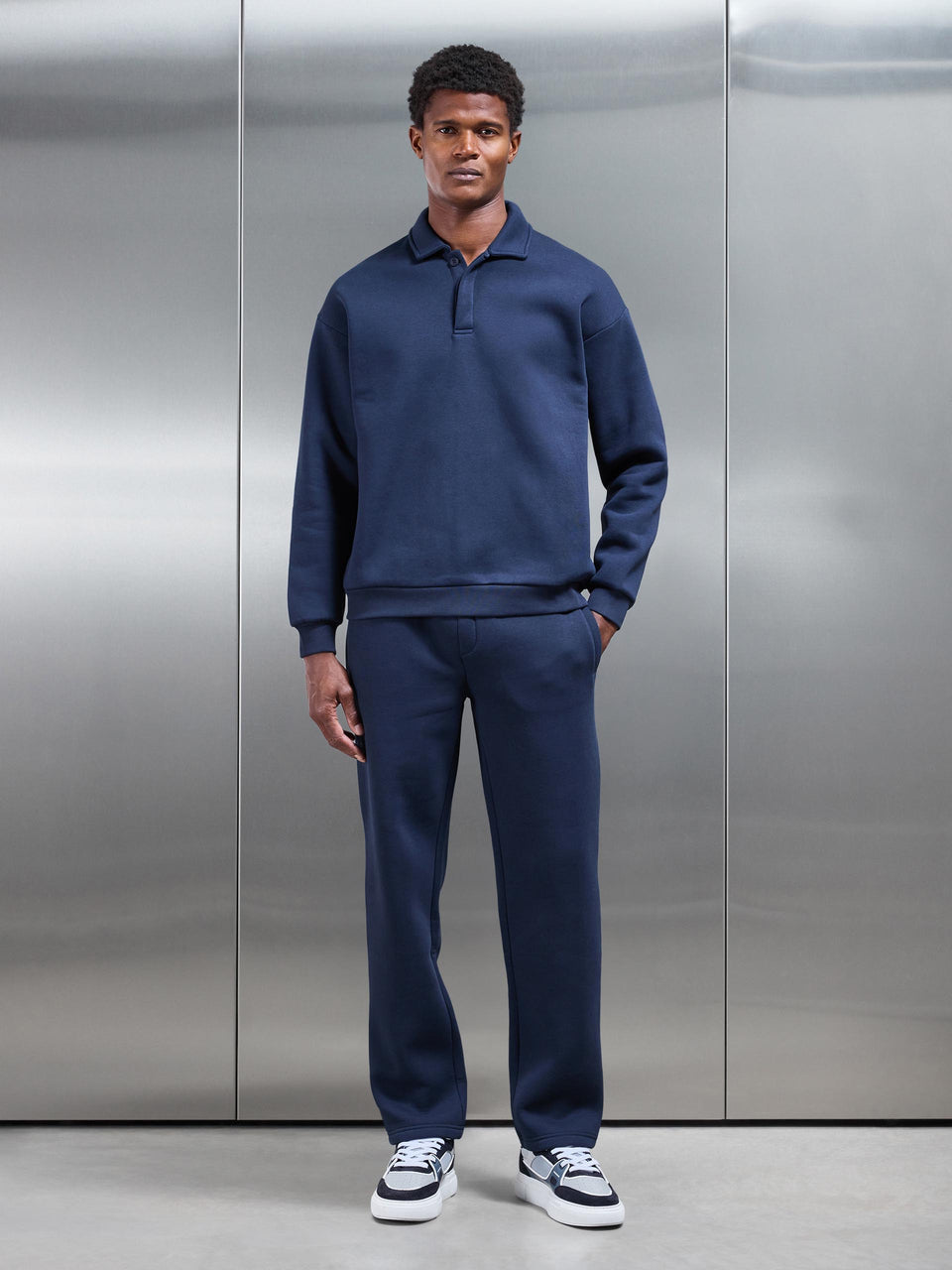 Neoprene Relaxed Fit Button Polo Shirt in Navy