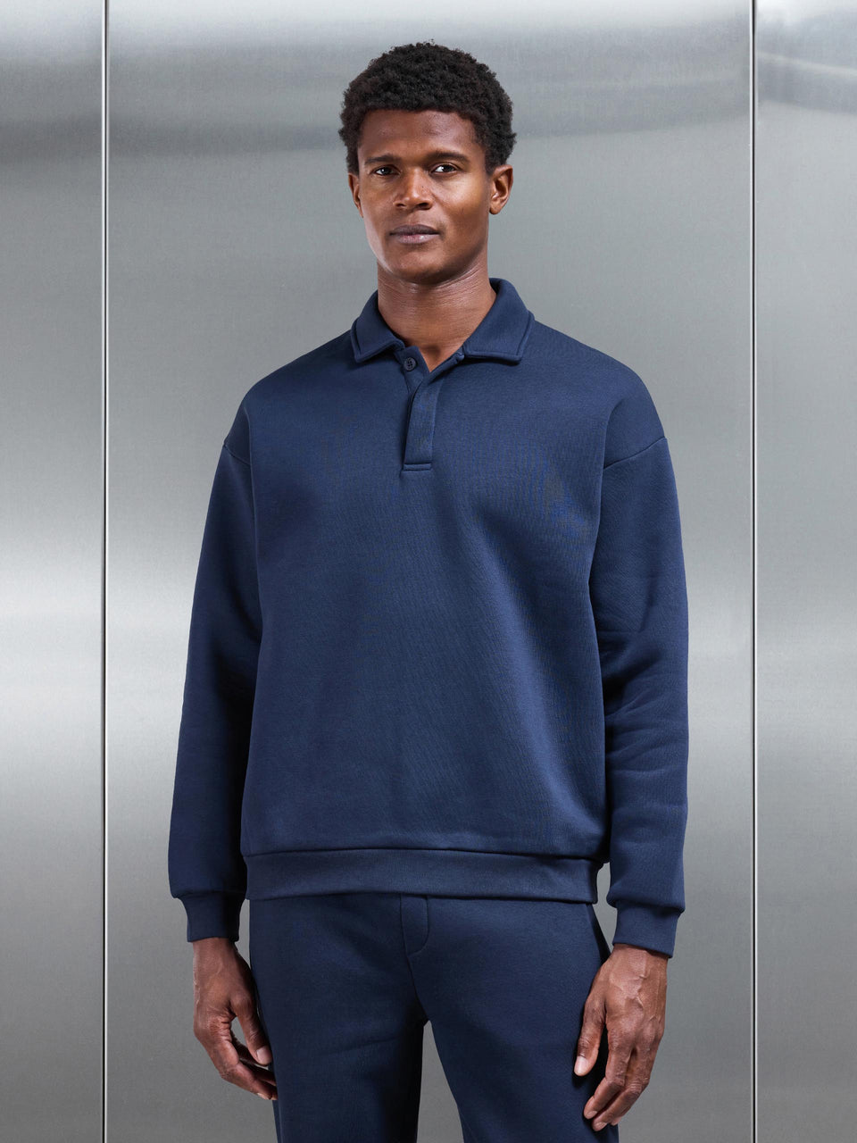 Neoprene Relaxed Fit Button Polo Shirt in Navy