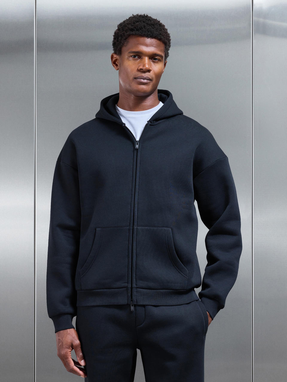 Neoprene Relaxed Fit Zip Through Hoodie in Black