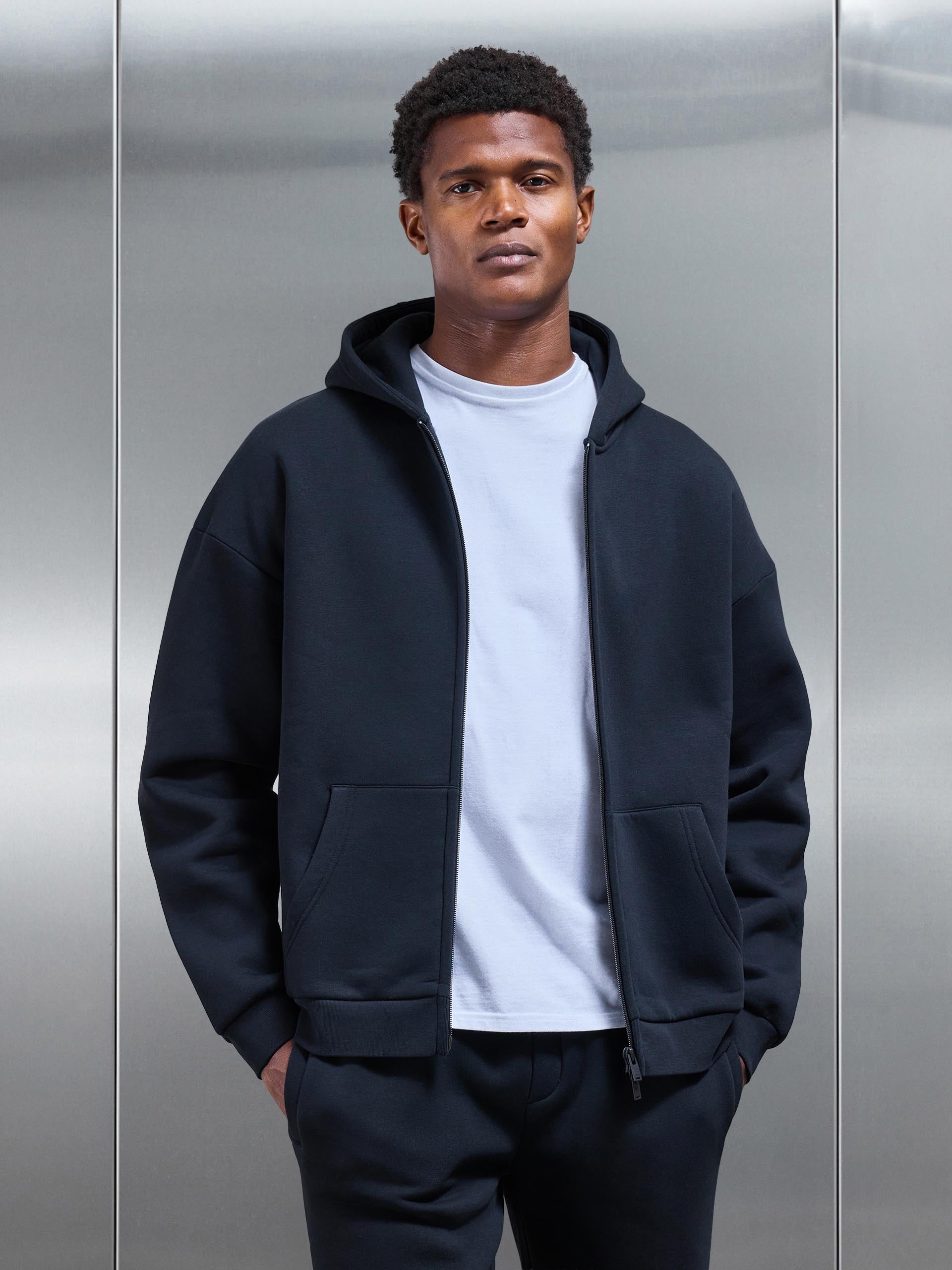 Neoprene Relaxed Fit Zip Through Hoodie in Black