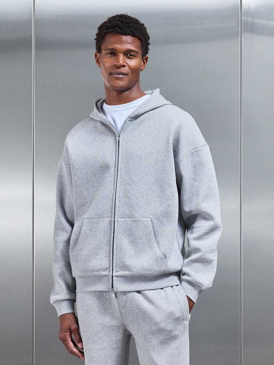 Neoprene Relaxed Fit Zip Through Hoodie in Marl Grey