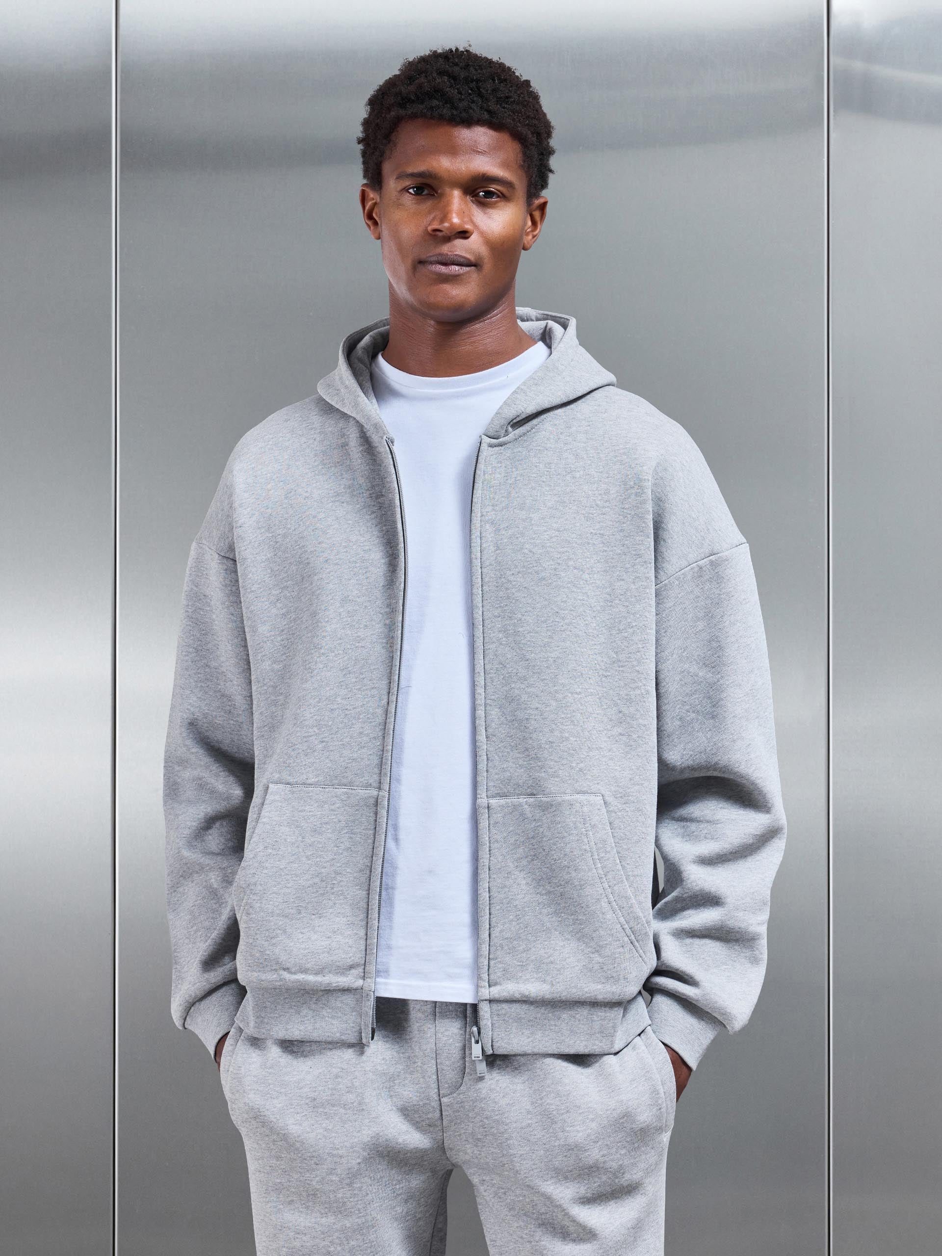 Neoprene Relaxed Fit Zip Through Hoodie in Marl Grey