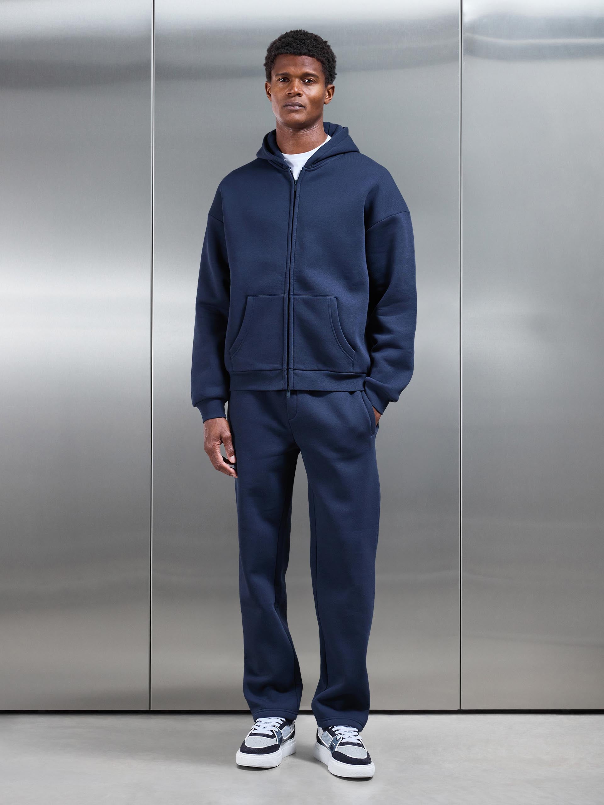 Neoprene Relaxed Fit Zip Through Hoodie in Navy
