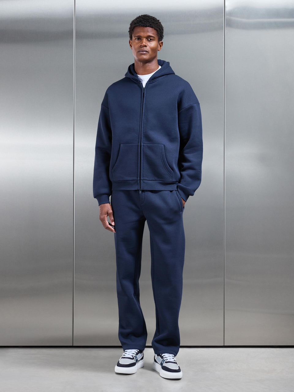 Neoprene Relaxed Fit Zip Through Hoodie in Navy
