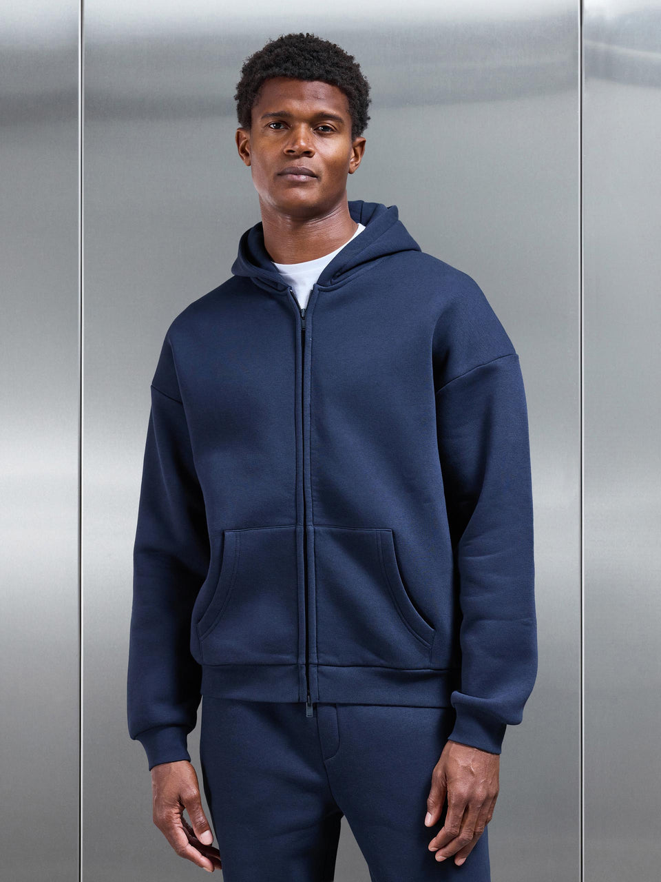 Neoprene Relaxed Fit Zip Through Hoodie in Navy