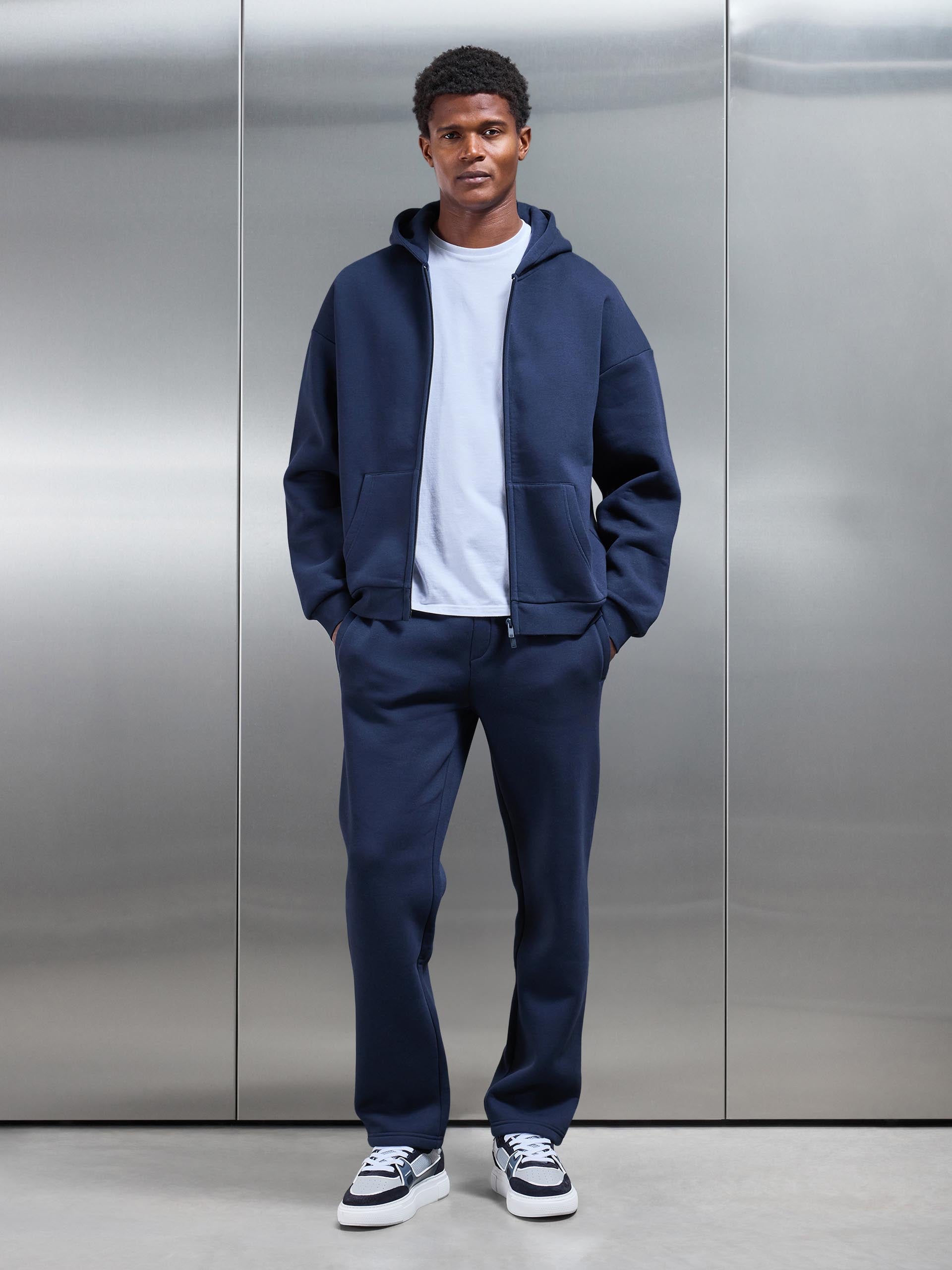Neoprene Relaxed Fit Zip Through Hoodie in Navy