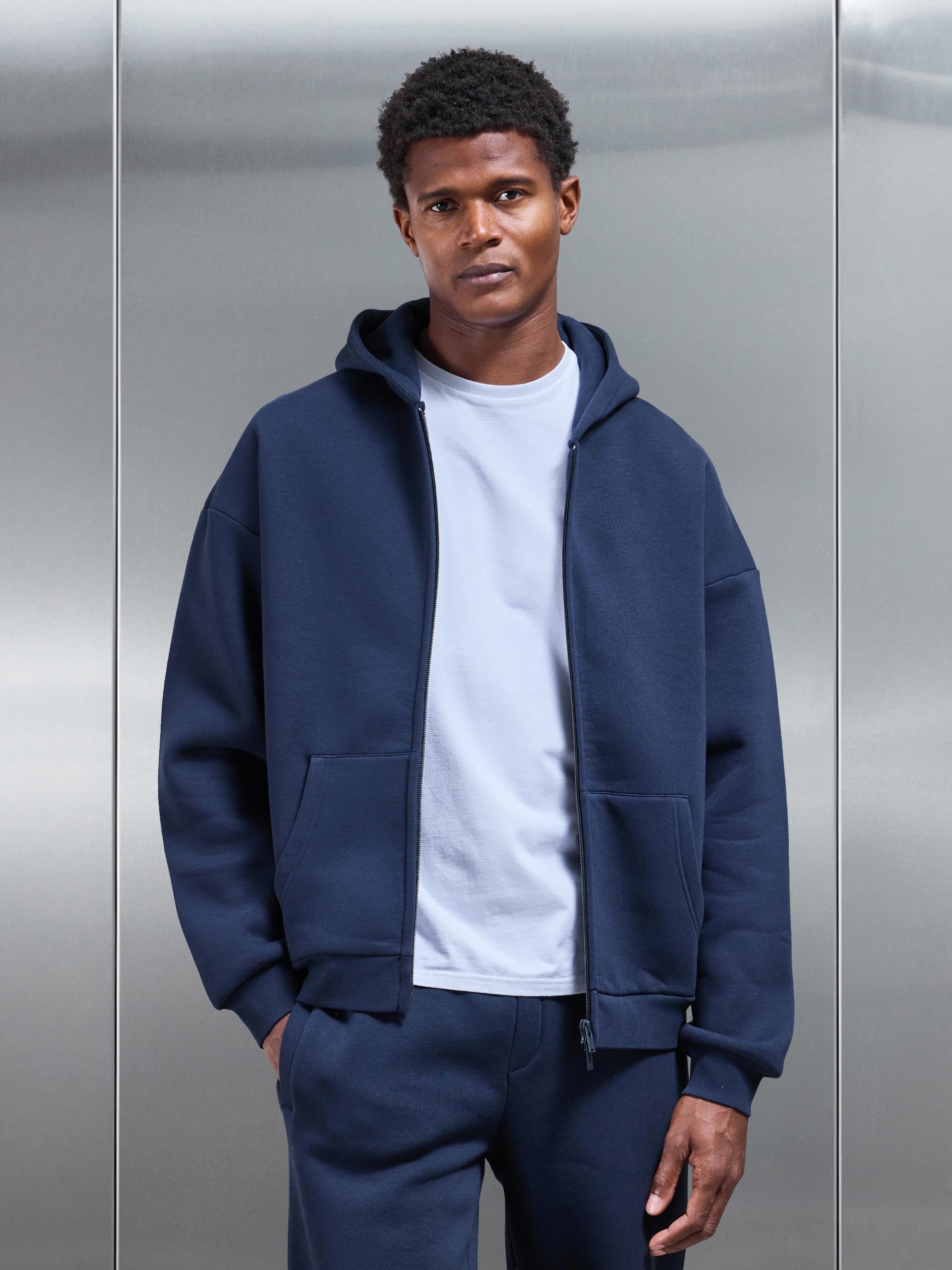 Neoprene Relaxed Fit Zip Through Hoodie in Navy
