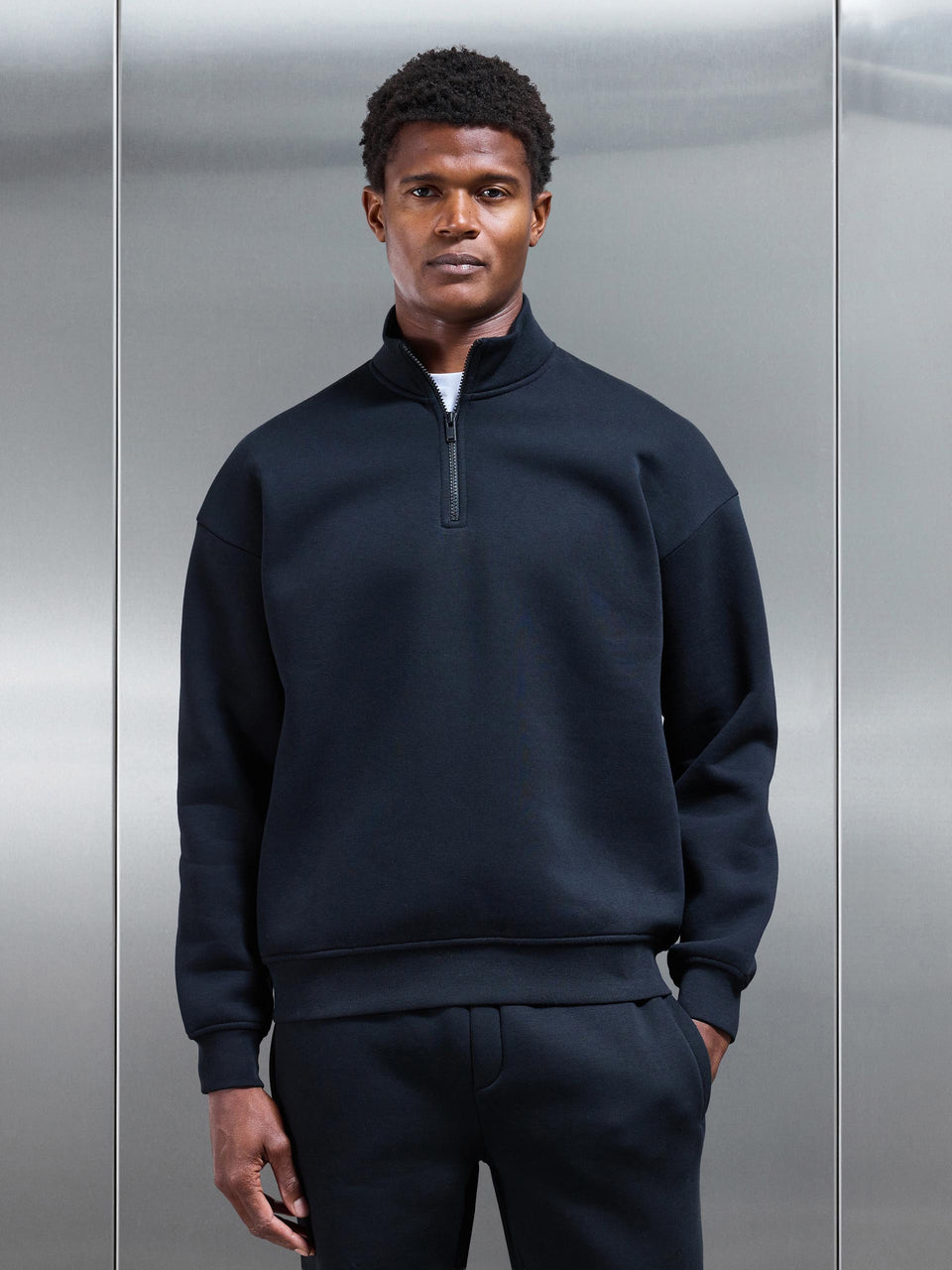 Neoprene Relaxed Half Zip Funnel Neck in Black