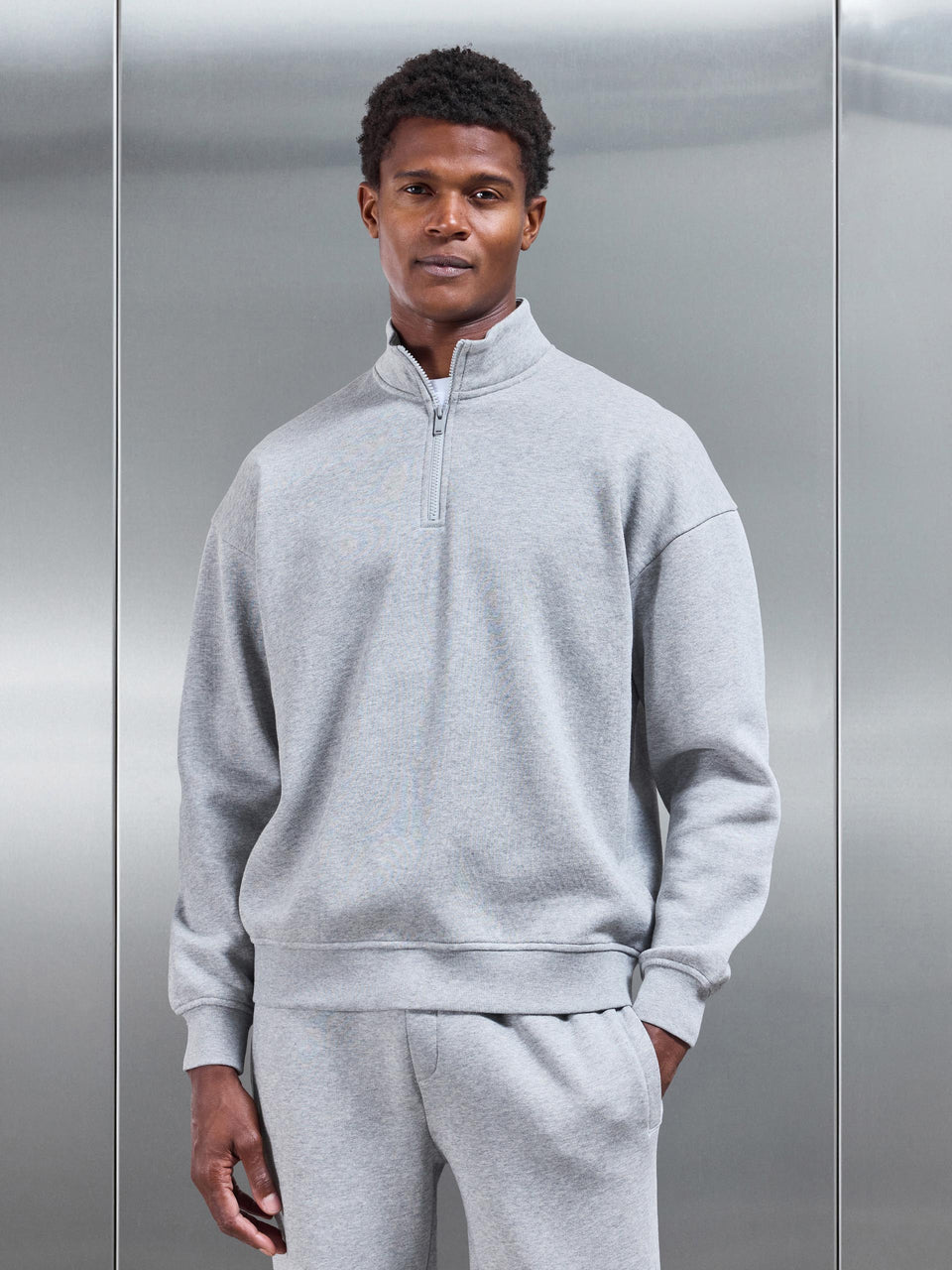 Neoprene Relaxed Half Zip Funnel Neck in Marl Grey