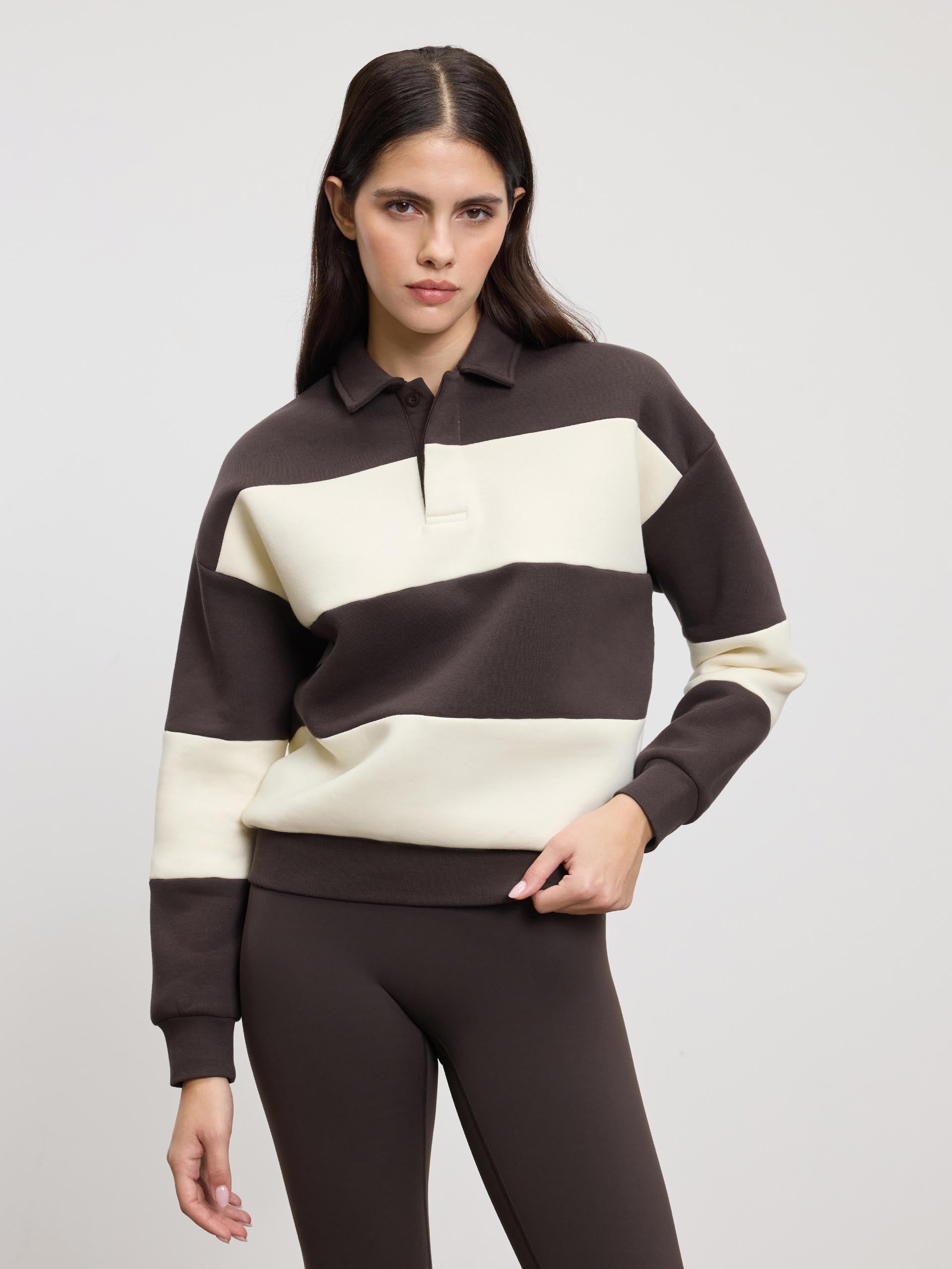 Womens Neoprene Relaxed Rugby Polo Shirt in Brown Ecru