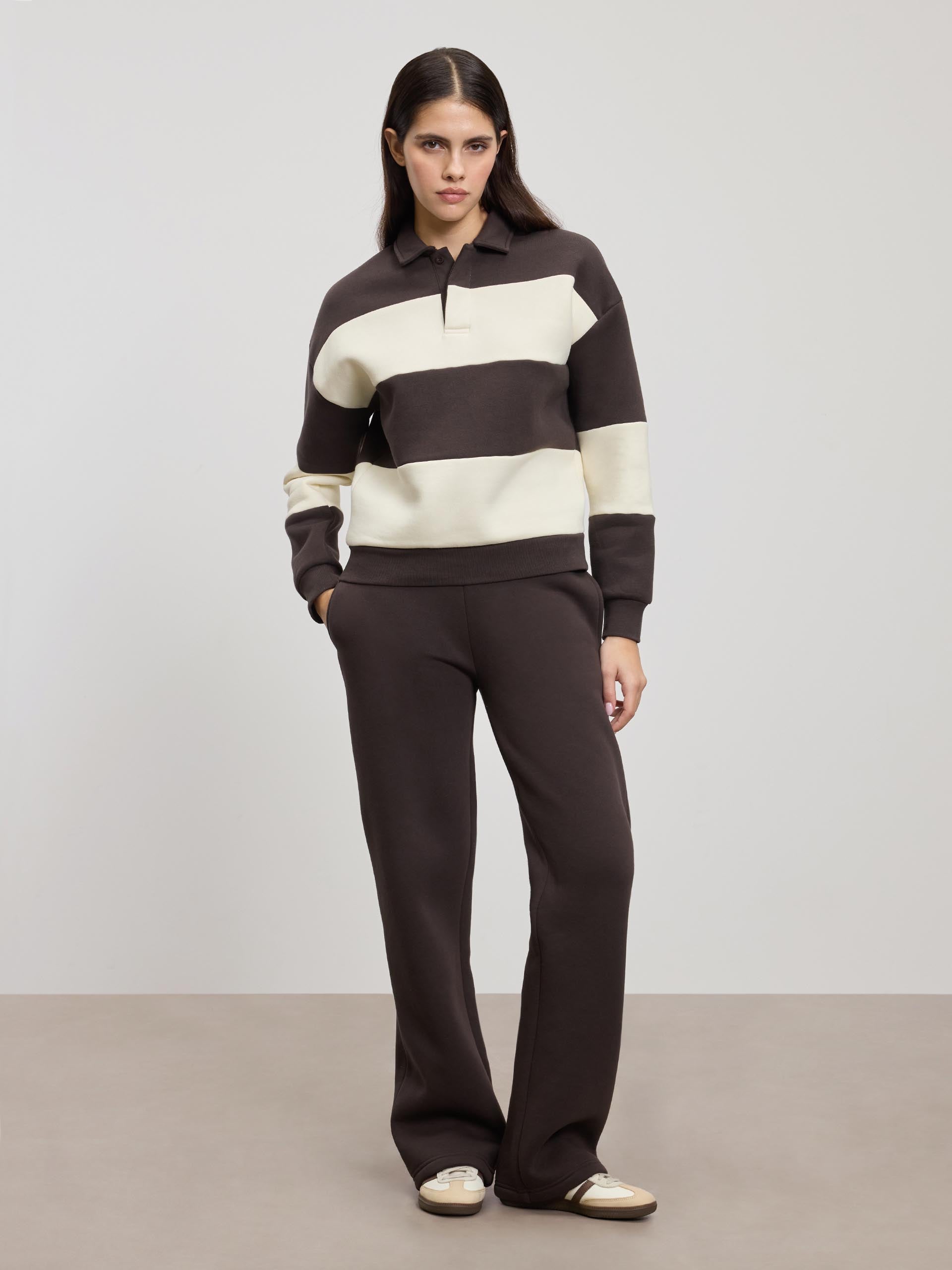 Womens Neoprene Relaxed Rugby Polo Shirt in Brown Ecru