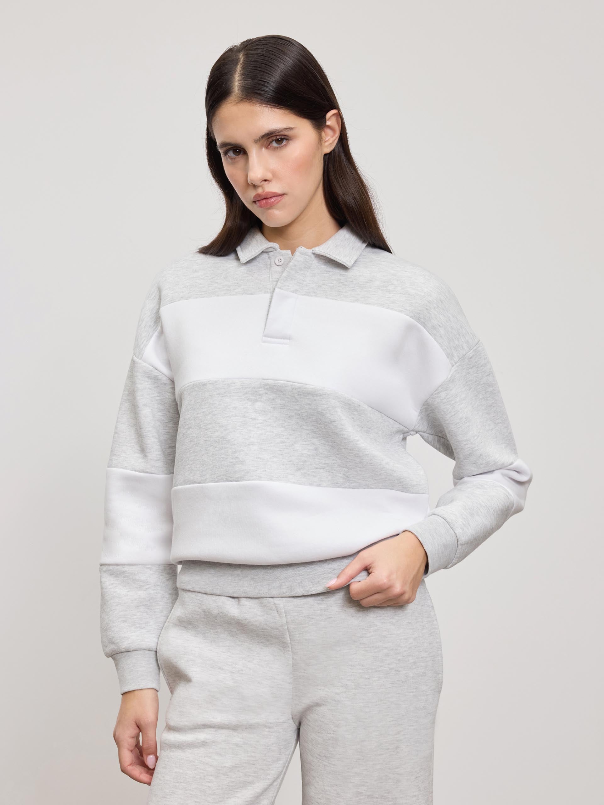 Womens Neoprene Relaxed Rugby Polo Shirt in Marl Grey White