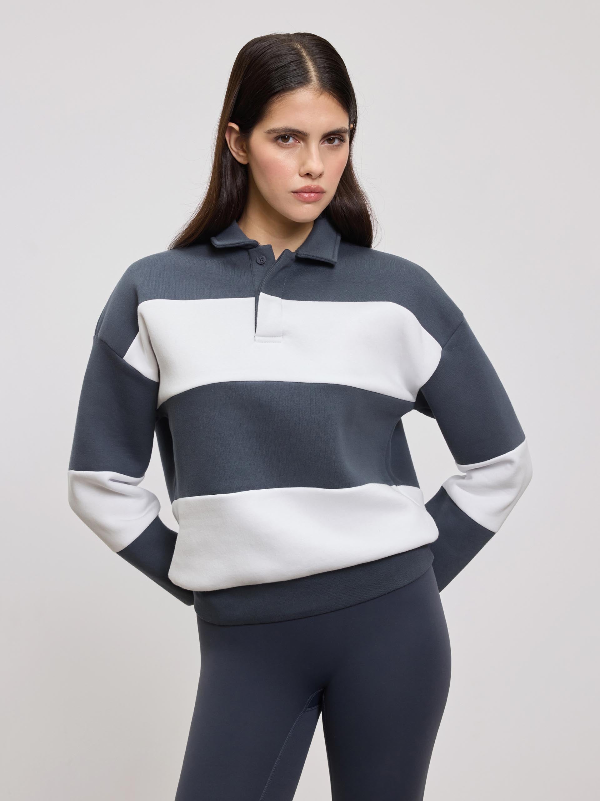 Womens Neoprene Relaxed Rugby Polo Shirt in Slate Blue White | ARNE UK