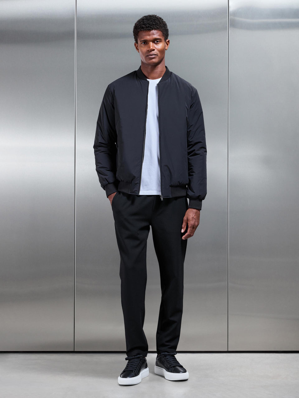 Nylon Padded Bomber Jacket in Black