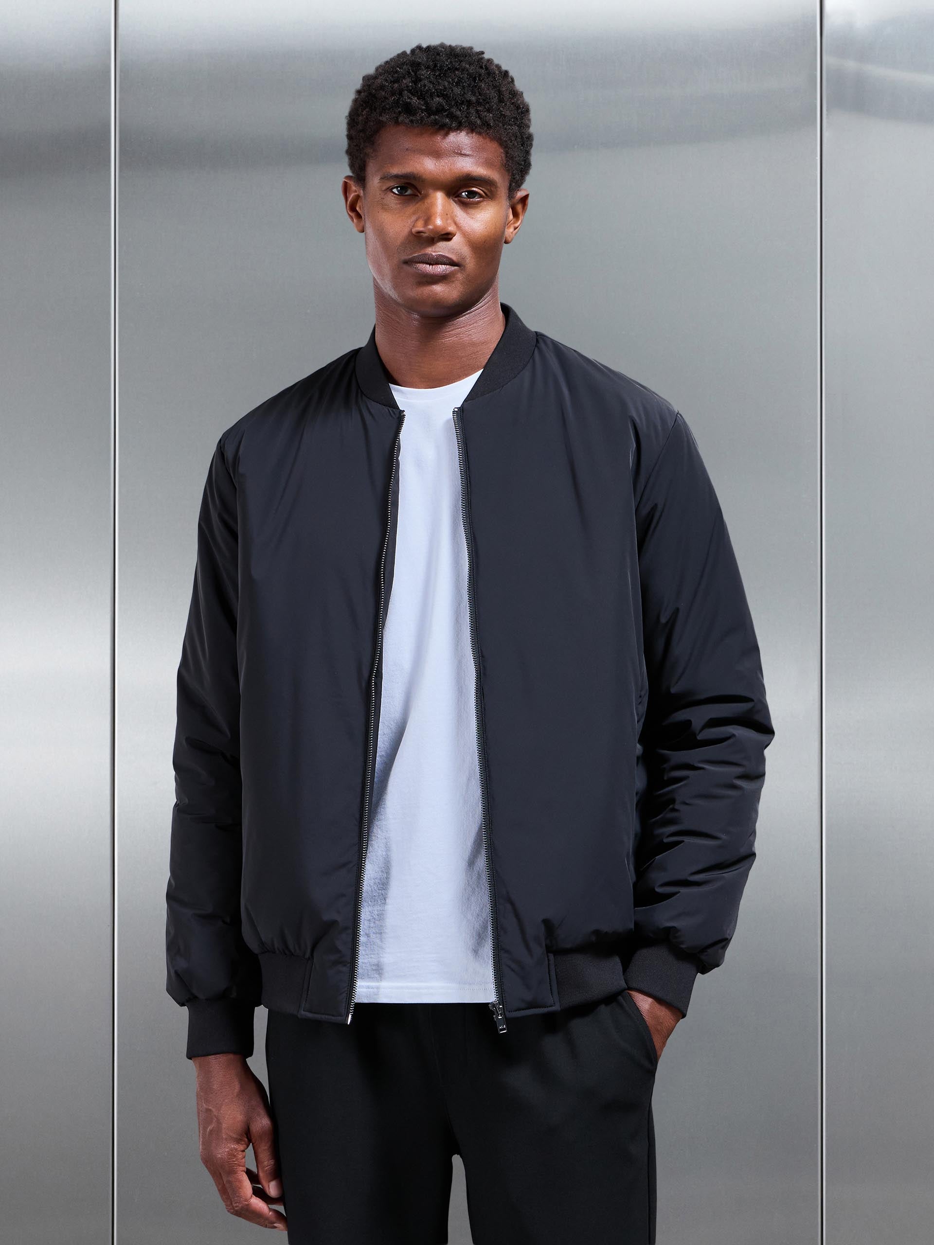 Nylon Padded Bomber Jacket in Black