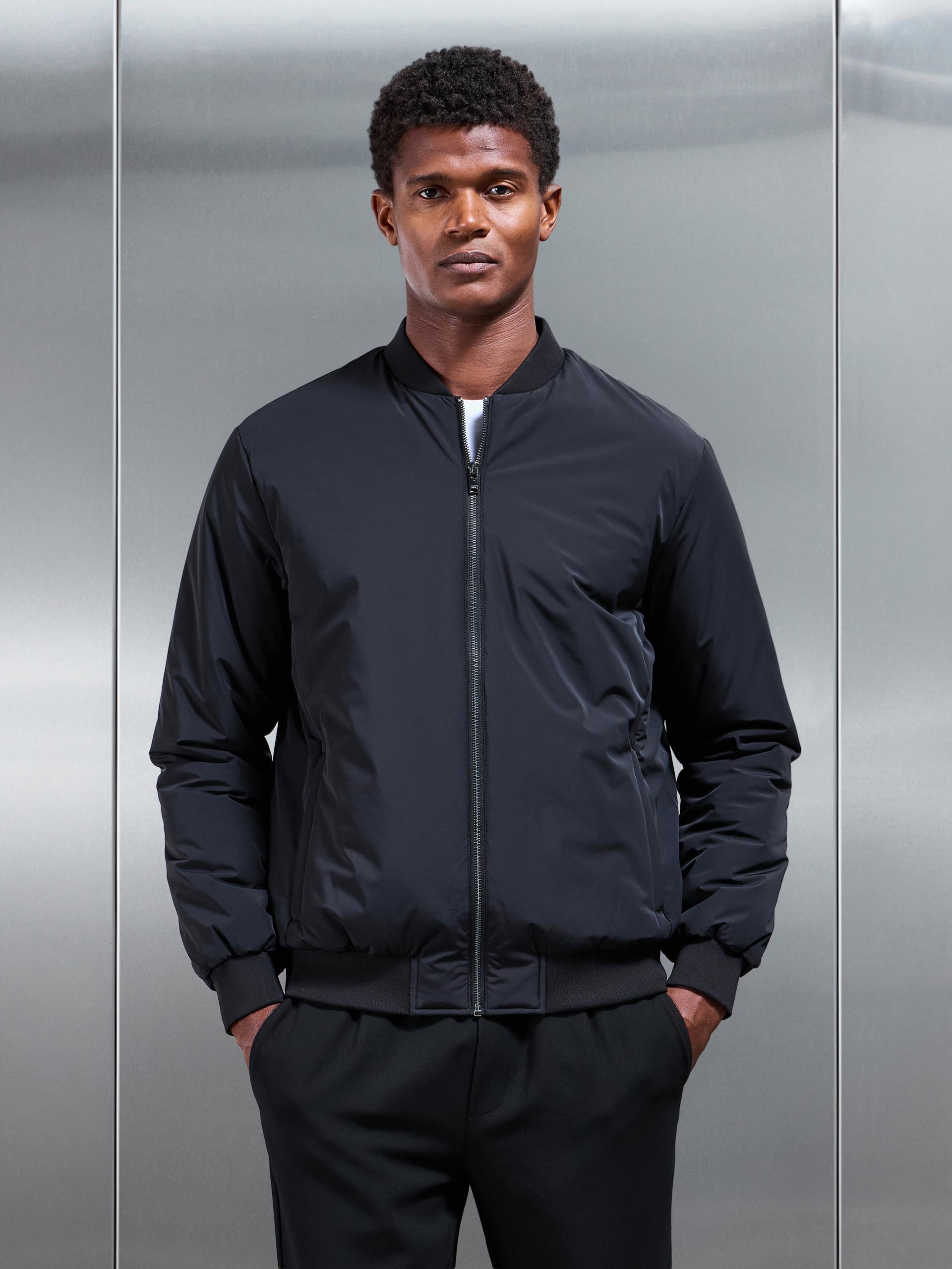 Nylon Padded Bomber Jacket in Black