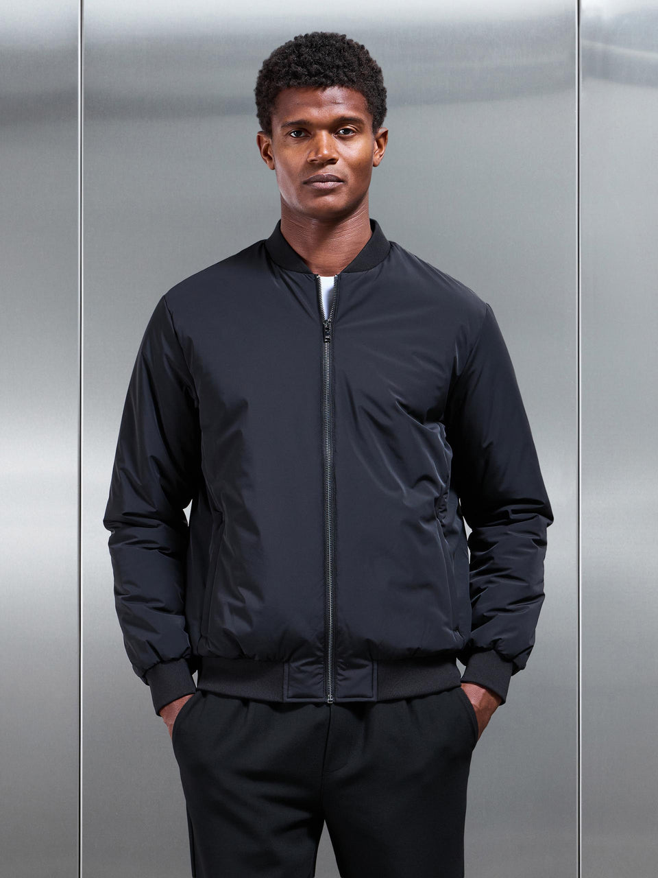 Nylon Padded Bomber Jacket in Black